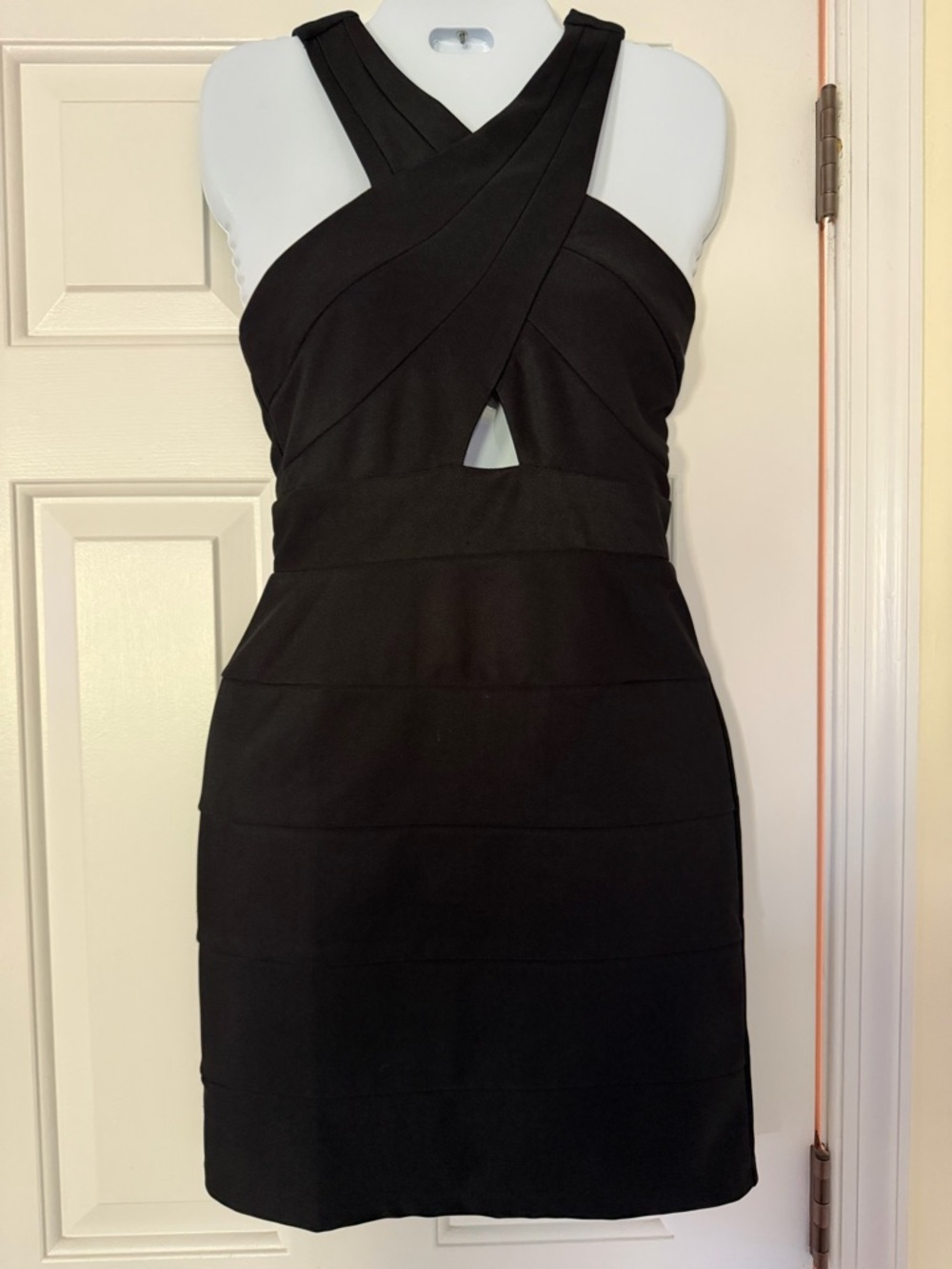 Crystal Doll Black Bodycon Dress Criss Cross Cutout Mini Size 7